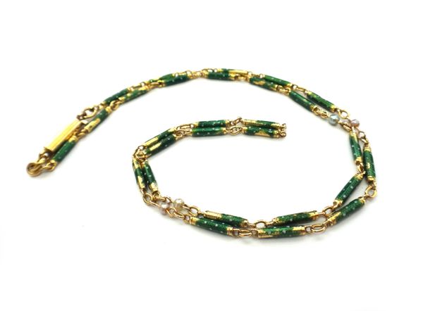 A gold, green and white enamelled and pearl neckchain, in a baton shaped link design, the front spaced with four pearls at intervals, on a cylindrical