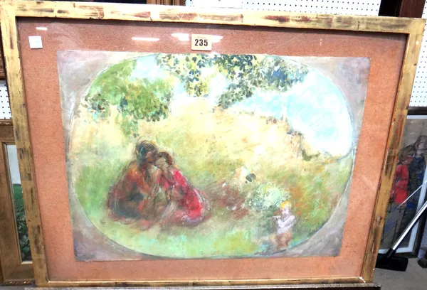 French School (c.1900), Lovers in a glade, watercolour, oval, 36cm x 50cm.  A6