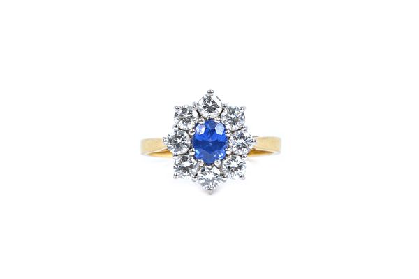 An 18ct gold, sapphire and diamond nine stone oval cluster ring, claw set with the oval cut sapphire, in a surround of eight circular cut diamonds, ri