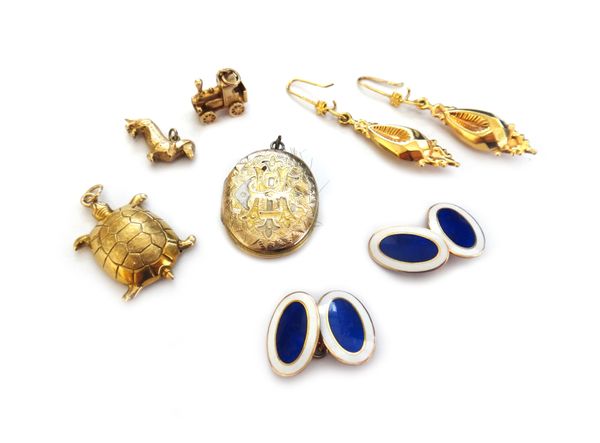 A pair of gold, blue and white enamelled oval cufflinks, detailed 9 CT, a pair of 9ct gold drop shaped earrings, three 9ct gold charms, comprising; a