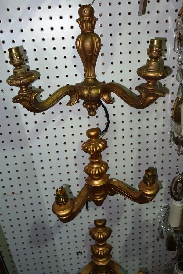 Lighting comprising; a group of eight similar 20th century gilt wood twin branch wall lights, ((8).  H10