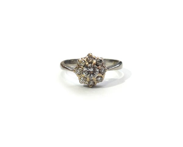 An 18ct white gold and diamond nine stone cluster ring, claw set with the principal circular cut diamond in a surround of eight smaller circular cut d