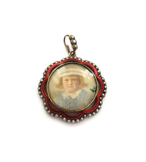 A gold, red enamelled and seed pearl set pendant locket, circa 1905, the back and the front glazed with portraits of children, the front with a pierce