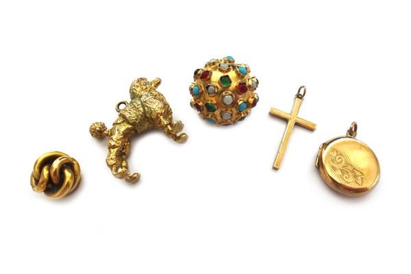 A 9ct gold pendant designed as a poodle, weight 8.8gms, a 9ct gold and gem set spherical pendant, a 9ct gold pendant cross, a 9ct gold circular pendan