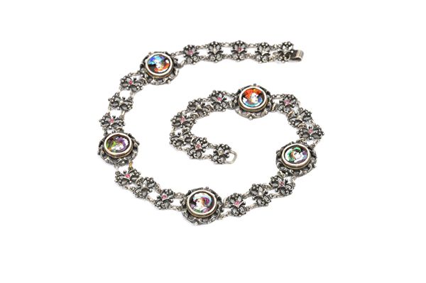 An enamelled and gem set collar necklace, probably French, last quarter of the 19th century, mounted with a row of five enamelled circular portrait pl