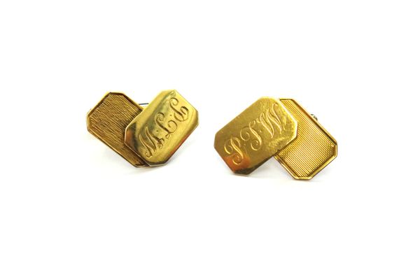 A pair of gold cufflinks, the fronts of each made from two separate cufflinks soldered together, the backs with folding bar fittings, combined gross w