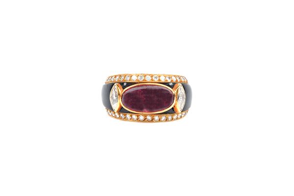 A French gold, diamond, pink tourmaline and black onyx ring, mounted with the oval cabochon pink tourmaline to the centre, between two marquise cut di