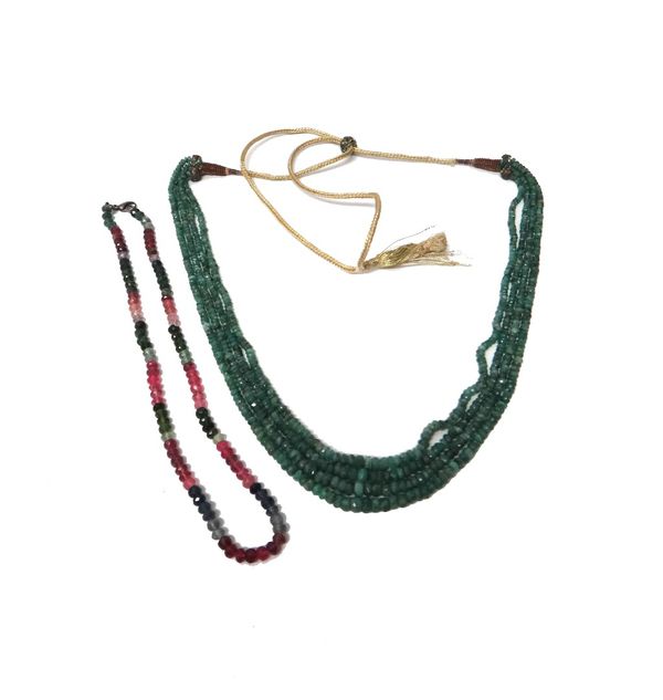 An Indian four row necklace of graduated faceted emerald beads and a single row necklace of vary coloured faceted tourmaline beads, on a sprung hook s