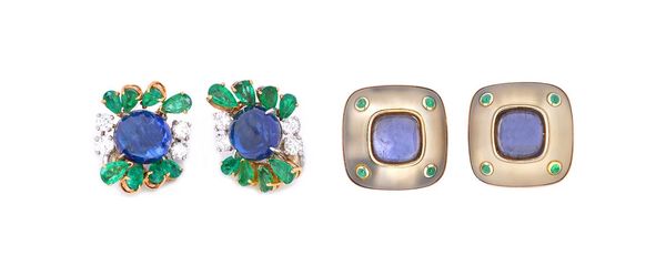 A pair of French diamond, cabochon sapphire and emerald set earclips, each mounted with a cabochon sapphire at the centre, two pairs of circular cut d