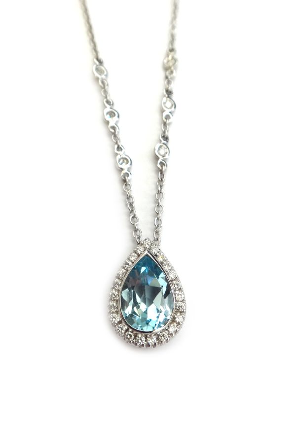 An aquamarine and diamond pear shaped cluster pendant necklace, collet set with the pear shaped aquamarine at the centre in a surround of circular cut