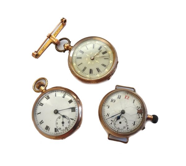 A 9ct gold cased, keyless wind, openfaced lady's fob watch, with an enamelled dial, import mark London 1913, a lady's gold cased, key wind, openfaced