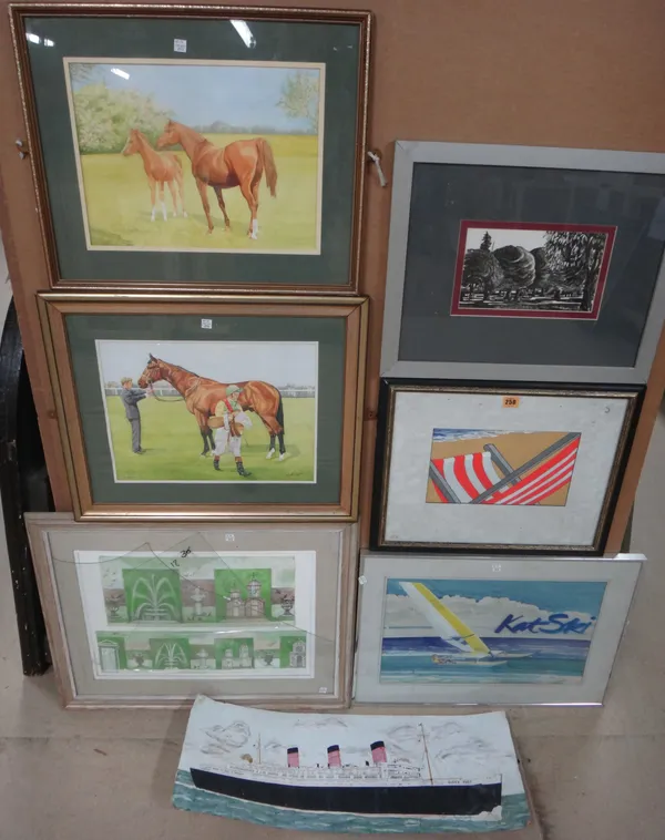 A group of seven 20th century watercolours and gouaches, including two equestrian watercolours by A. W. Roberts, a gouache of the Queen Mary, and othe