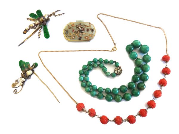 Two jade mounted and freshwater cultured pearl Asian hair pins, an imitation coral bead necklace, a diamond and gem set panel shaped pendant, possibly