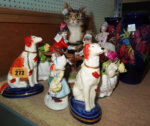 Ceramics, including; a pair of Moorcroft vases, (a.f), Staffordshire style dogs, Continental figures, cats and sundry, (qty).   S1T