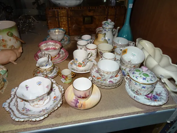 Ceramics, comprising; mainly teacups and saucers, including Royal Worcester reproduction Harry Davis, Dresden, a Herend milk jug and sundry, (qty).  S