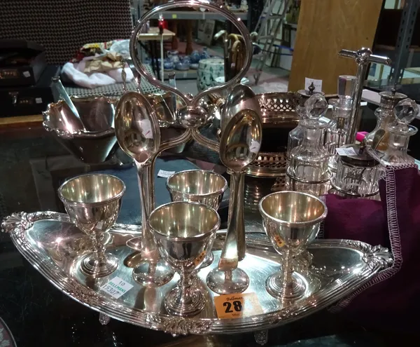 Silver plated wares, including; twin division basket, two bottle coasters, condiment stand, flatware and a boiled egg server for four, (qty).   CAB