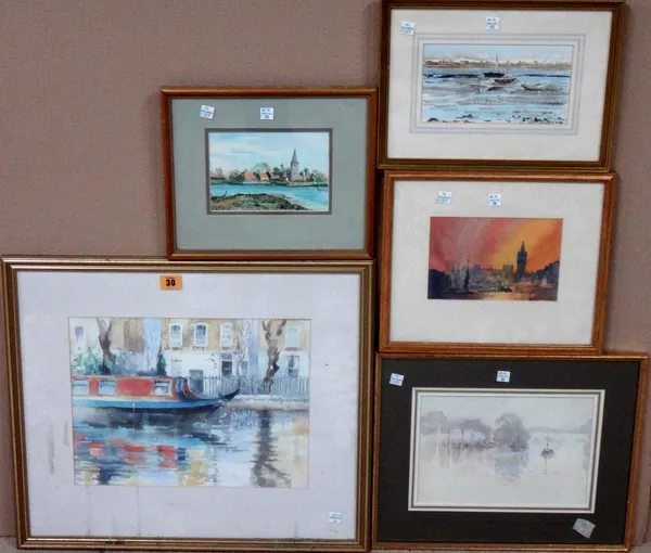 A group of five 20th century watercolours, including a view of Chichester Harbour; Bosham; Westminster; A river scene and a canal scene.(5)  J1