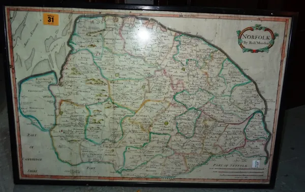 A hand coloured map of Norfolk, by Robert Morden, 61cm wide x 41cm high, framed and glazed.  CAB