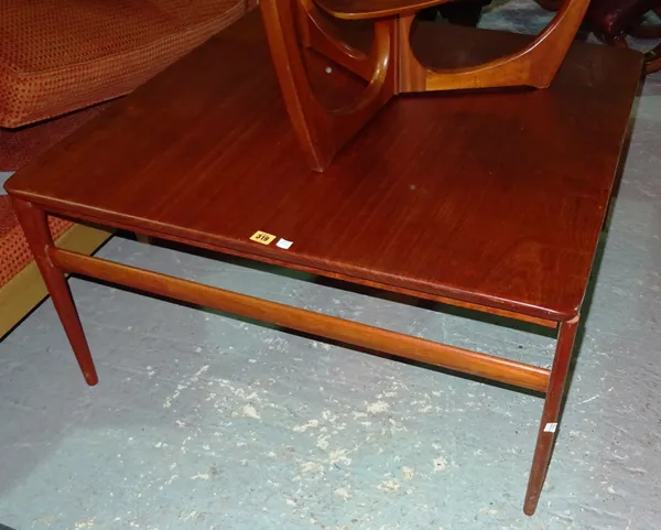 A G-Plan style mid-20th century square teak coffee table, 90cm wide, (a.f).  I9