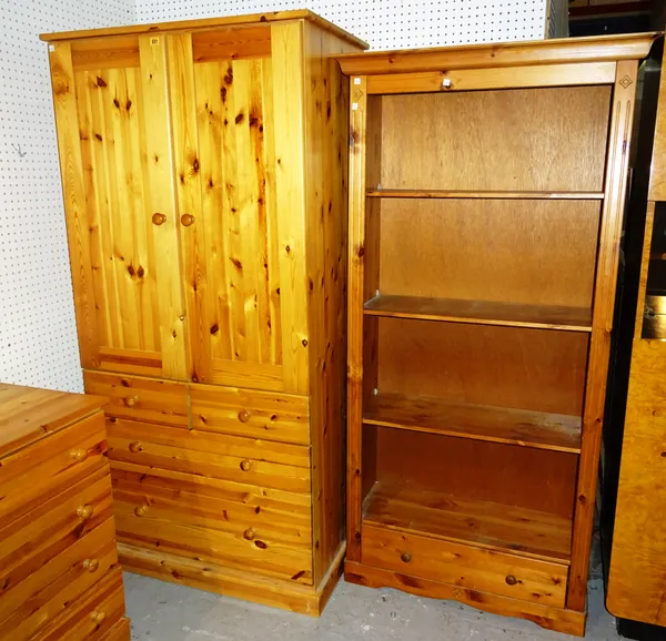 A 20th century pine single wardrobe with two short and two long drawers to base 85cm wide x 189cm high and a 20th century pine open bookcase with sing