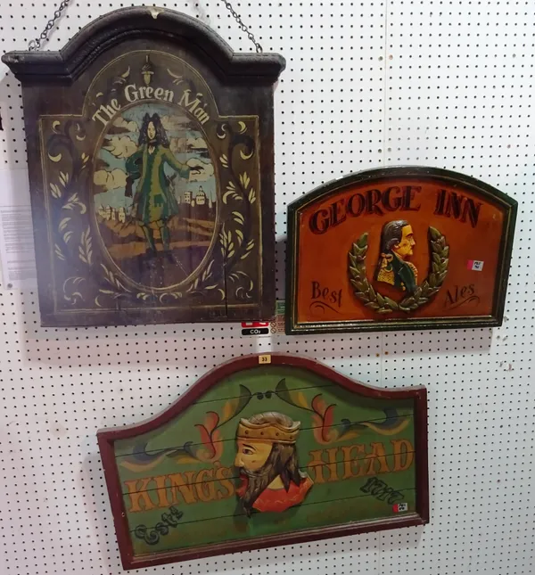 A group of three 20th century wooden pub signs, with carved decoration, comprising; 'King's Head' 90cm wide x 60cm high, 'The Green Man' 65cm wide x 7