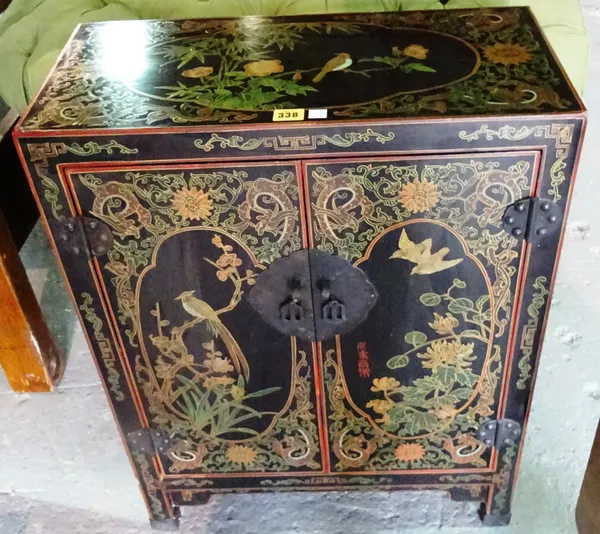 A 20th century Chinese export painted two door side cabinet, 58cm wide x 77cm high.  G5