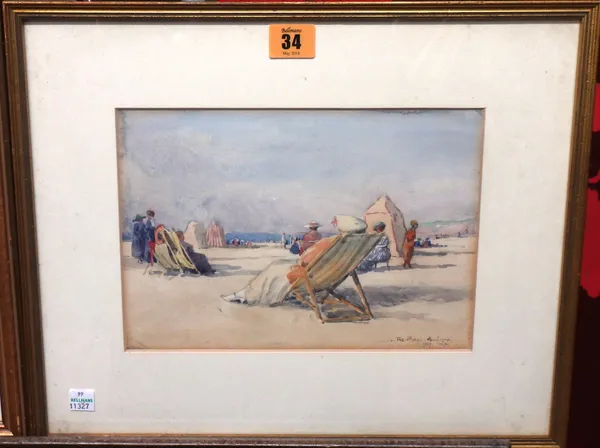 English School (early 20th century), The Plage, Boulogne, watercolour, signed with initials, inscribed and dated 1917, 18cm x 24.5cm.  M1