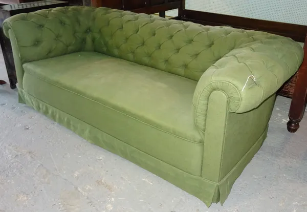An early 20th century Chesterfield sofa, with button back upholstery, 200cm wide x 78cm high.  G5