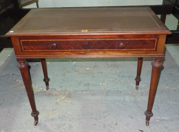 A Regency style single drawer writing table, on ring turned tapering supports, 92cm wide x 76cm high. Add 3  J3