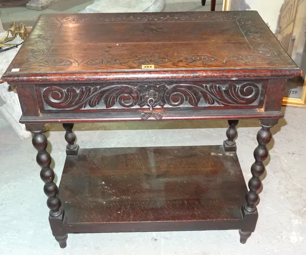 An 18th century style oak single drawer side table, on bobbin turned supports, 77cm wide x 75cm high. Add 2  B6