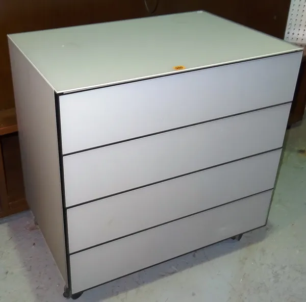 A modern chest of four long drawers, with faux leather lined drawers, 75cm wide x 74cm high.  A8