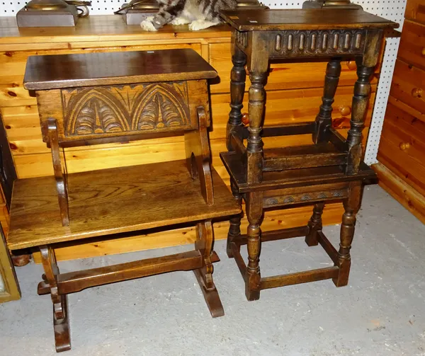 A Charles I style oak joint stool, another similar, a 20th century oak stool on dual end supports and a 20th century oak lift top stool, (4).  M10