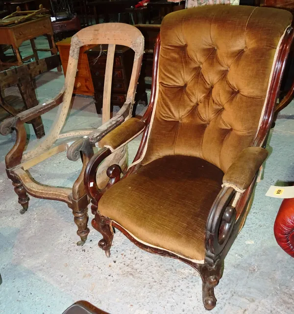A George IV mahogany open armchair, on scroll supports, together with a similar show frame open armchair, (2).  I5