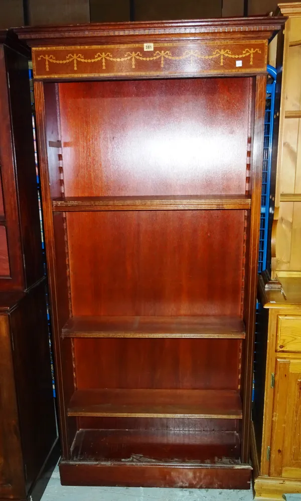An Edwardian mahogany and satinwood five tier open bookcase, 90cm wide x 180cm high. 4.3  M8