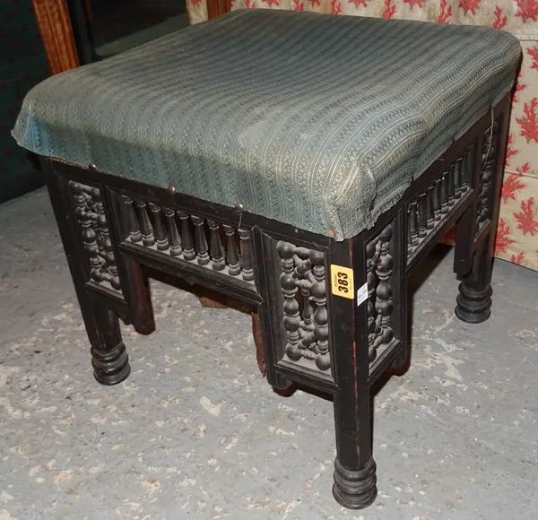 A Victorian ebonised footstool with bobbin turned decoration, 40cm wide x 42cm high. 4.1  I8