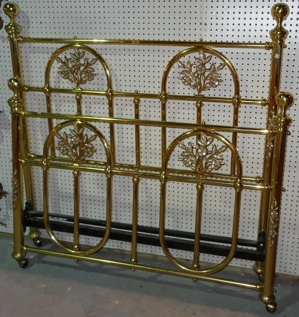 A Victorian style brass double bed with mother-of-pearl floral decoration, 140cm wide x 140cm high. 3.2  I10