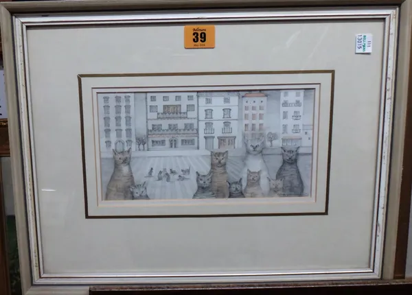 Eileen Greenwood (1915-?), City cats, pencil and wash, signed, 11cm x 22cm.  J1