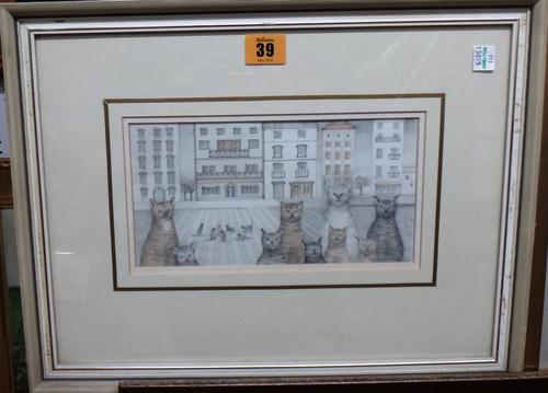 Eileen Greenwood (1915-?), City cats, pencil and wash, signed, 11cm x 22cm.  J1
