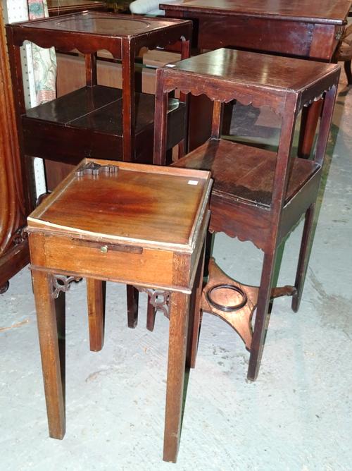 A George III mahogany two tier washstand, 34cm wide x 79cm high, a later mahogany two tier washstand, 31cm wide x 73cm high and a 19th century mahogan