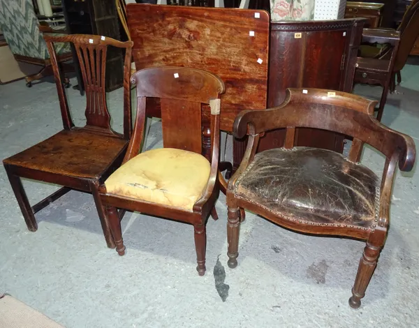 A 19th century mahogany rectangular tilt top occasional table, 69cm wide, an 18th century elm seated chair and two further chairs, (4).  I7