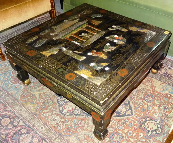 A 20th century black lacquer chinoiserie decorated square coffee table, 74cm wide.   H5