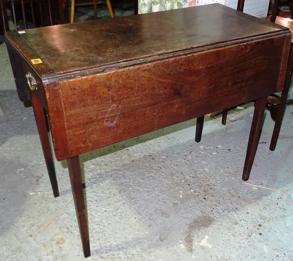 A 19th century mahogany drop flap table, with single drawer and square tapering supports, 86cm wide.  F5