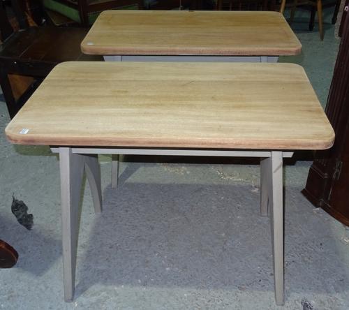 E.E. SMITH (Bar fitters); a pair of early 20th century grey painted occasional tables, on tapering supports, 76cm wide x 62cm high (2).  D3