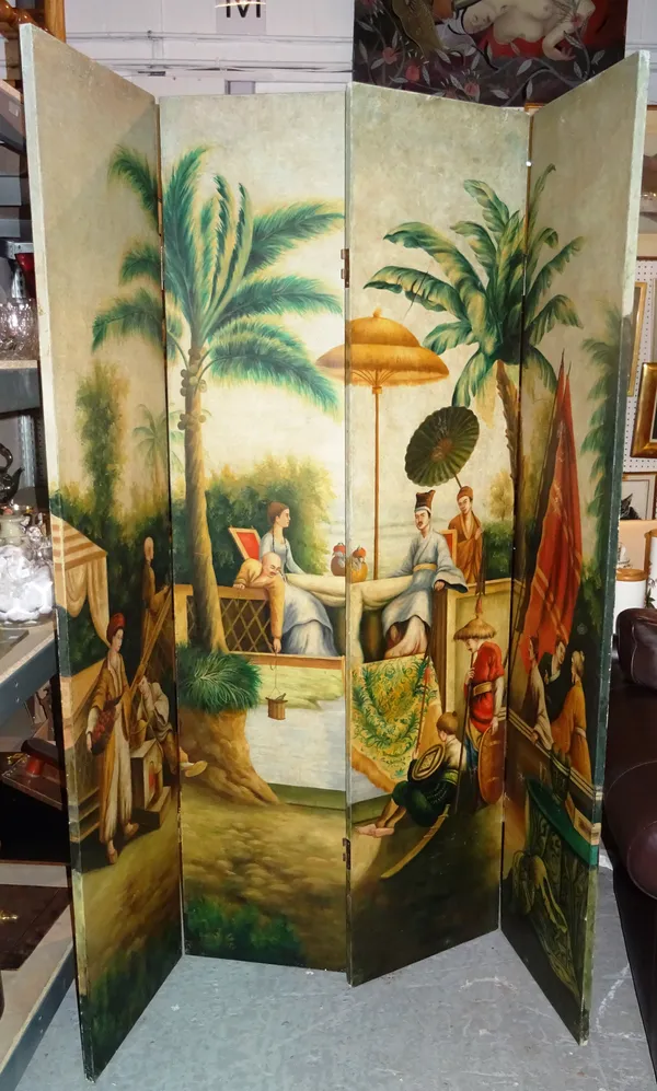 A 20th century four fold painted screen, depicting an Asian garden scene with figures, 184cm wide x 138cm high.  M1
