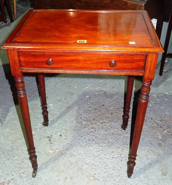 A Victorian mahogany single drawer side table, on tapering supports, 54cm wide x 72cm high. H4
