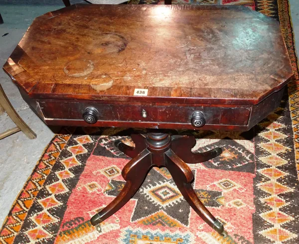 A Regency mahogany octagonal side table, with single drawer, on turned column and four downswept supports, 74cm wide x 70cm high.  F5