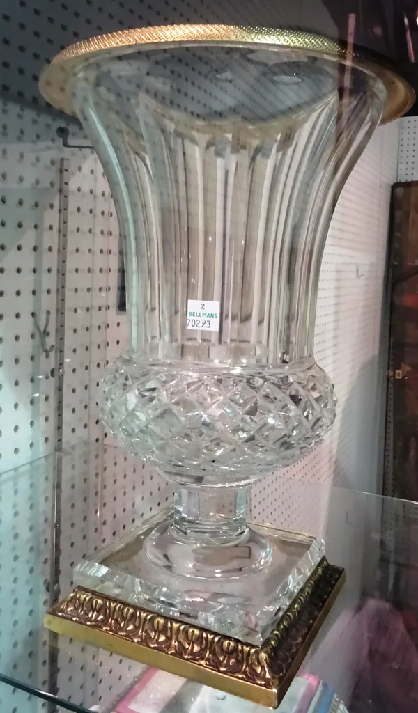A large 20th century cut glass urn shaped vase, with gilt metal rim, 33.5cm high  CAB