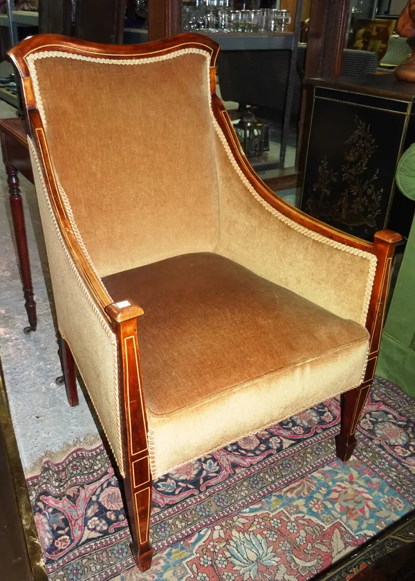 A pair of Edwardian walnut and line inlaid armchairs, on square tapering supports, (2).  H5