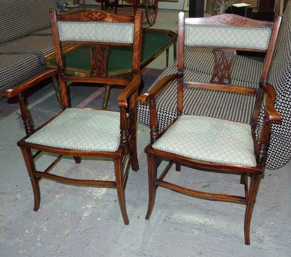 A pair of Edwardian inlaid mahogany open armchairs, (2).   D1