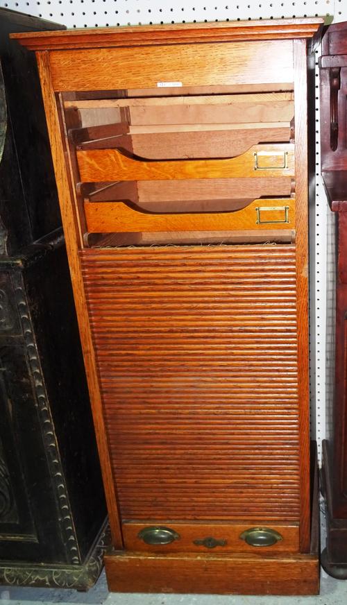'EZY Series'; an early 20th century oak tambour fronted filing cabinet, 50cm wide x 117cm high.  F10